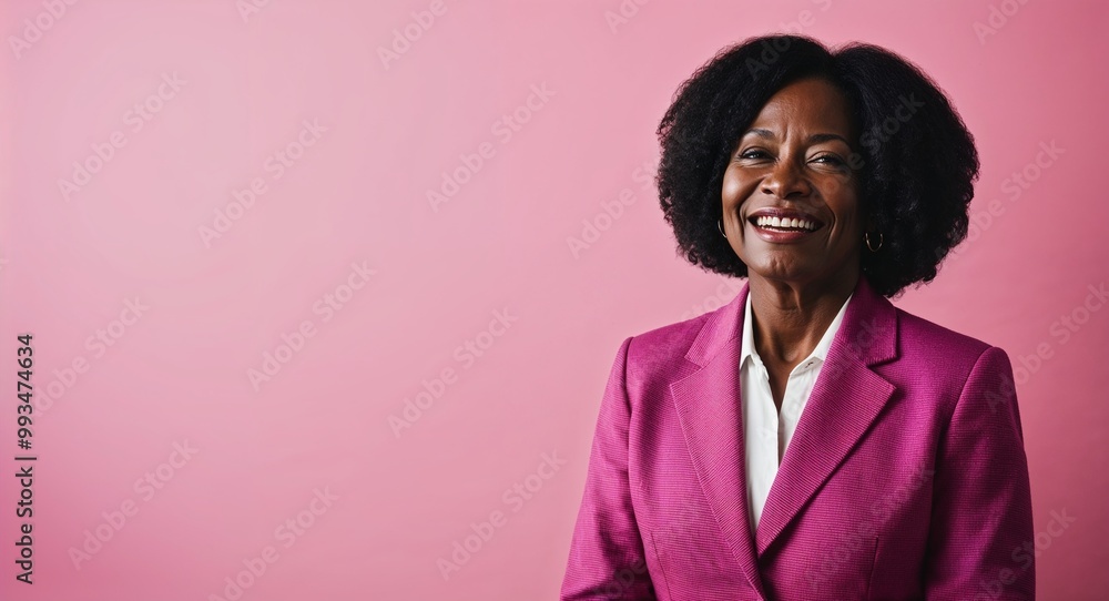 Obraz premium Happy middleaged Black woman with natural hair wearing blazer on plain pink background