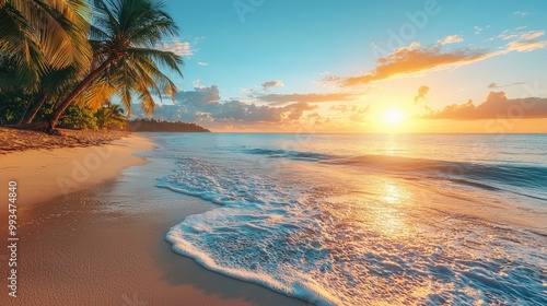 Wallpaper Mural Serene Sunrise on a Secluded Tropical Beach - Tranquil Morning in Paradise with Palm Trees and Golden Light on the Coastline Torontodigital.ca