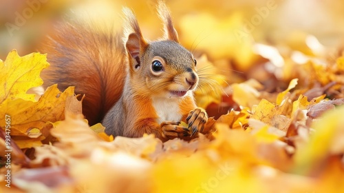 Red squirrel nestled in a pile of yellow autumn leaves, busily searching for food in a peaceful park. photo