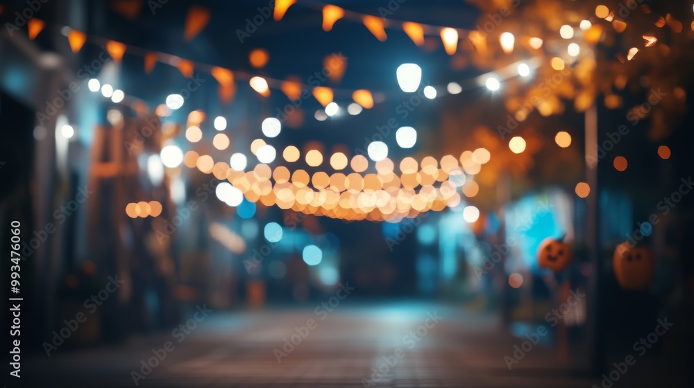 An empty scene featuring a blurred background with soft-focus spooky banners and festive signs, creating an ideal product mockup space, An empty scene featuring a blurred background with soft-focus spooky banners and festive signs, creating an ideal product mockup space,