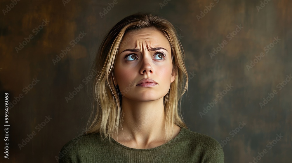 Fototapeta premium Stressed blonde woman staring into the distance, with furrowed brows and a tense posture, expressing fear or anxiety.