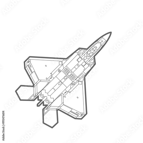F-22 Raptor Aircraft Outline Illustration. Maket icon. F-22 Raptor Aircraft Outline Illustration. Black And White Fighter Jet Drawing Line Art Vector. War Plane Contour Sketch.