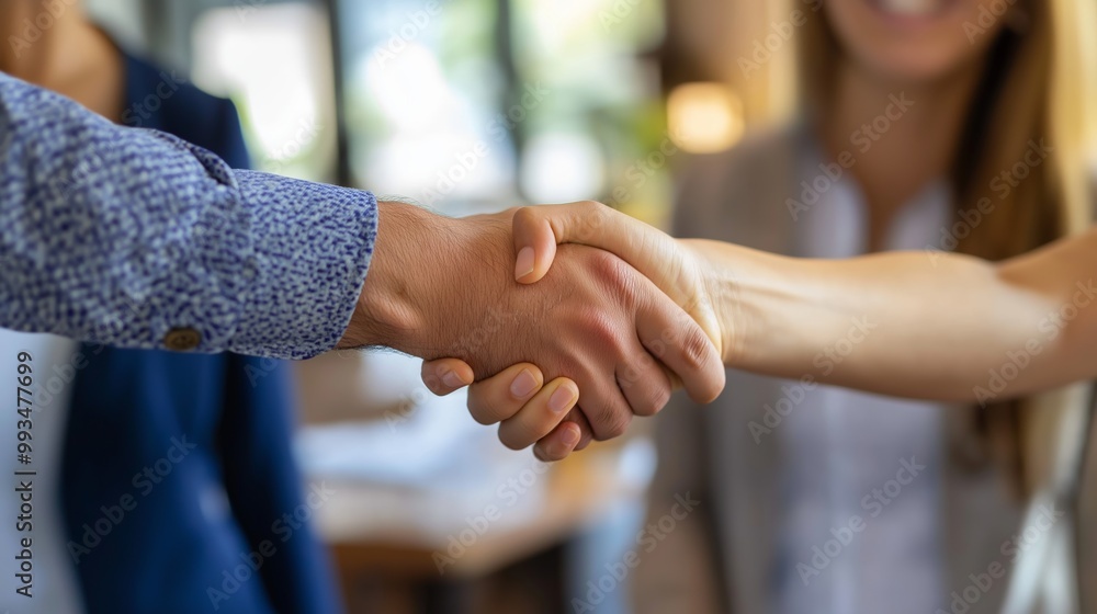 Realtor or agent shakes hands with a couple to confirm the agreement for purchasing or renting a property or apartment. Realtor or agent shakes hands with a couple to confirm the agreement for purchasing or renting a property or apartment.