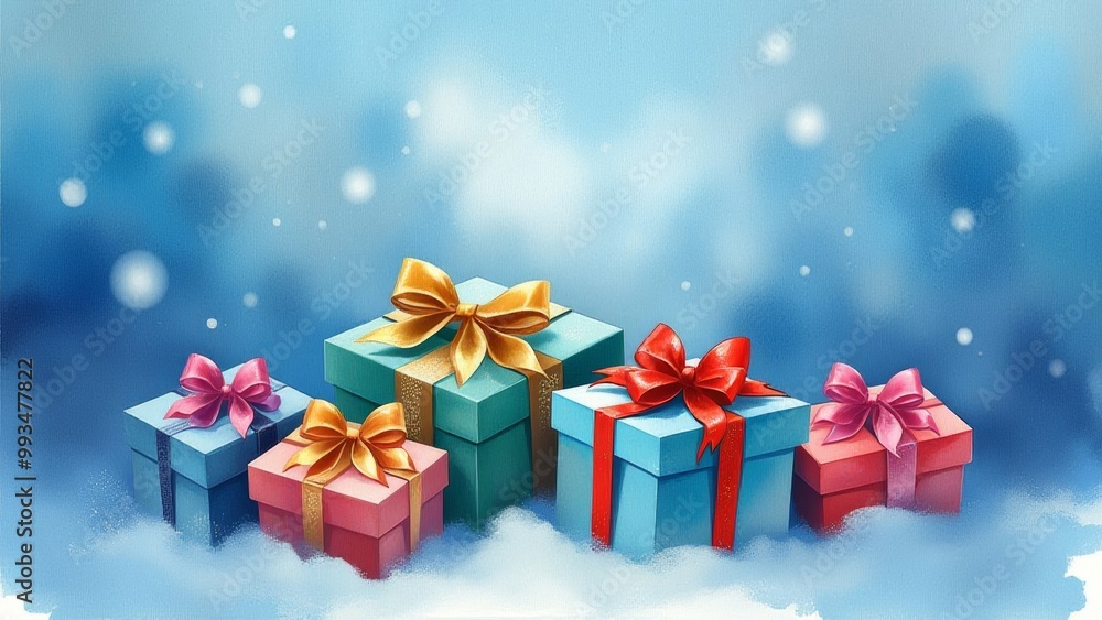 Banner for a postcard on a blue background New Year's gifts in packaging, snowflakes in a watercolor style
Banner for a postcard on a blue background New Year's gifts in packaging, snowflakes in a watercolor style