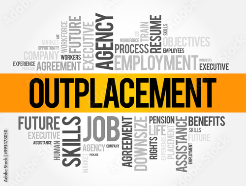 Outplacement is a support service provided by organizations to help former employees transition to new jobs, word cloud concept background