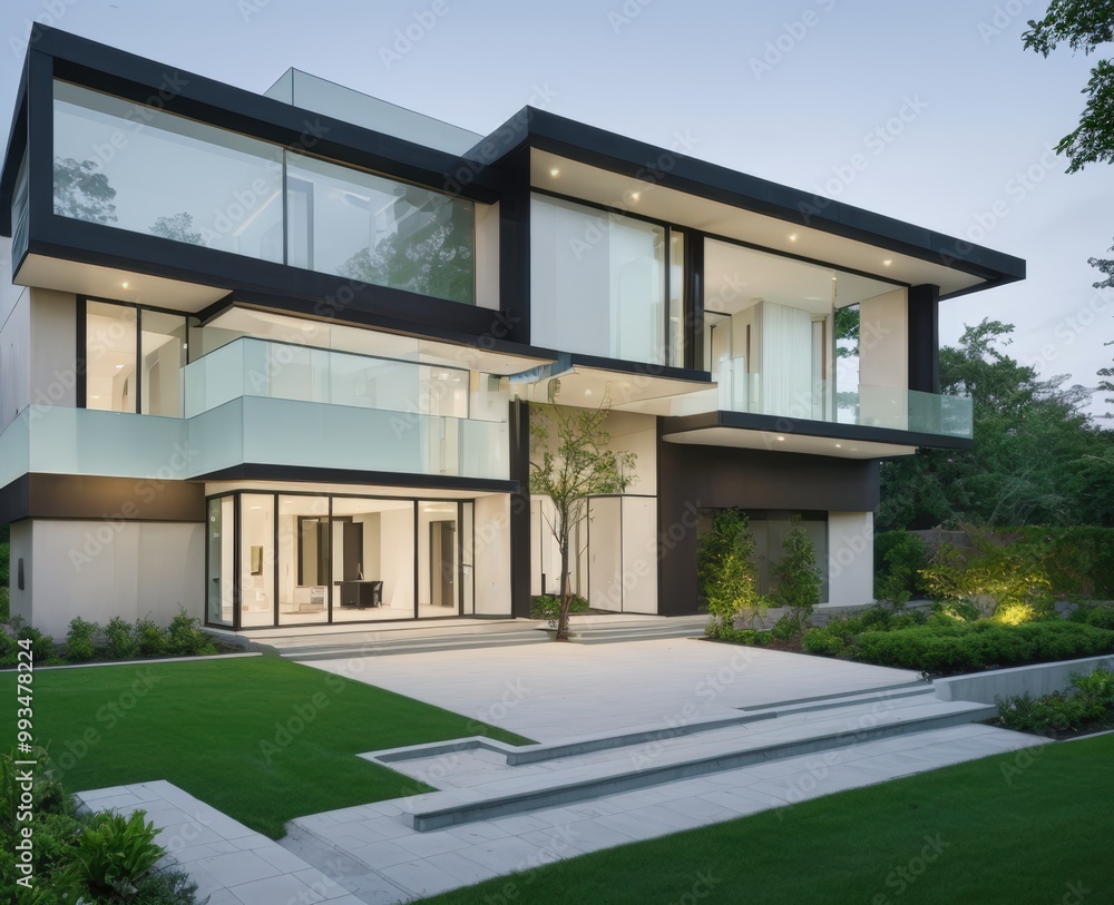 Modern luxury minimalist cubic house, villa with glass walls and landscaping design front yard. Residential architecture exterior. 300dpi Modern luxury minimalist cubic house, villa with glass walls and landscaping design front yard. Residential architecture exterior. 300dpi