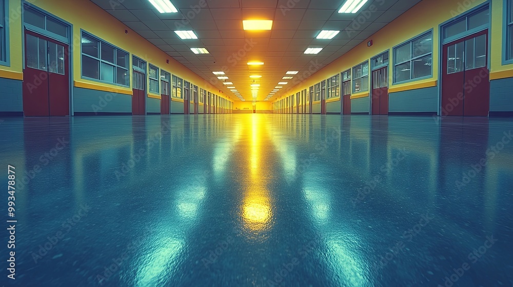 Fototapeta premium A long hallway with a tiled floor and bright yellow lights reflecting off the surface, creating a sense of depth and perspective