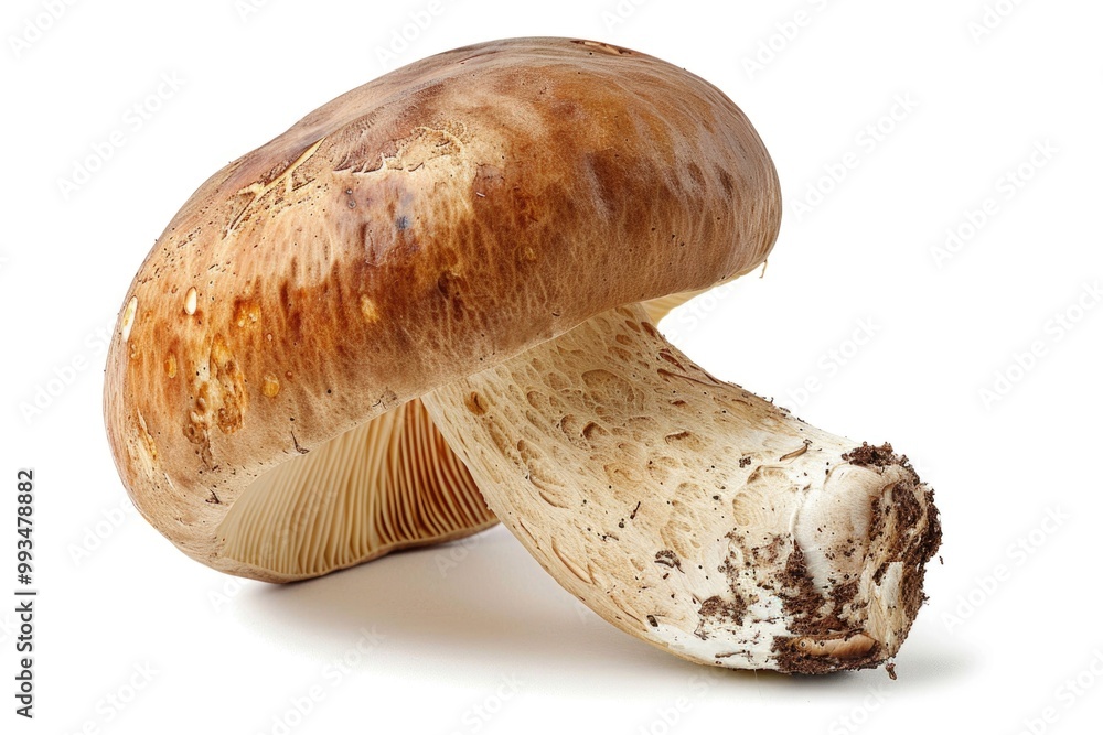 A single mushroom photographed up close on a clean white surface A single mushroom photographed up close on a clean white surface