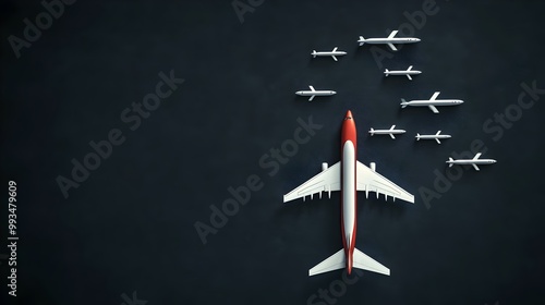 Top view Miniature airplane on black background with copy space. for text. Picture of airplane isolated on empty black background. Air ticket, travel and vacation, teamwork and leadership concept 