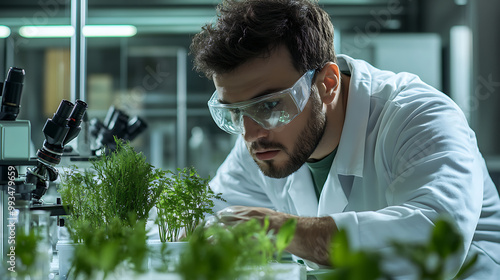 A researcher in a lab studying plant samples and renewable materials for environmental technology, with microscopes and green energy prototypes in the background 