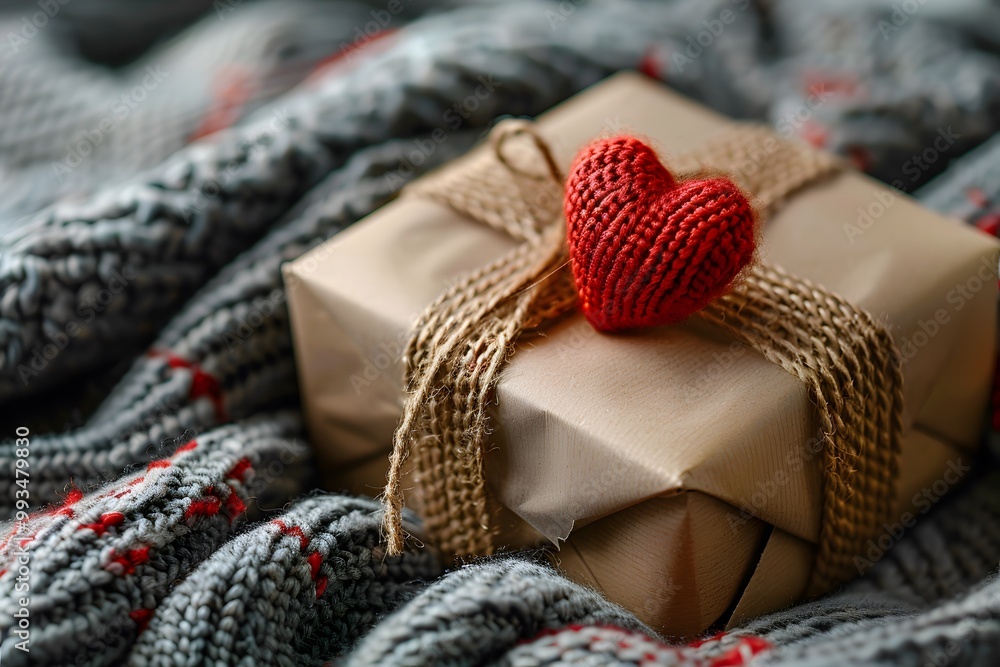 Romantic Gift Wrapped in Rustic Paper with Knit Red Heart - Valentine's Day, Love, Romance, Rustic Theme Romantic Gift Wrapped in Rustic Paper with Knit Red Heart - Valentine's Day, Love, Romance, Rustic Theme