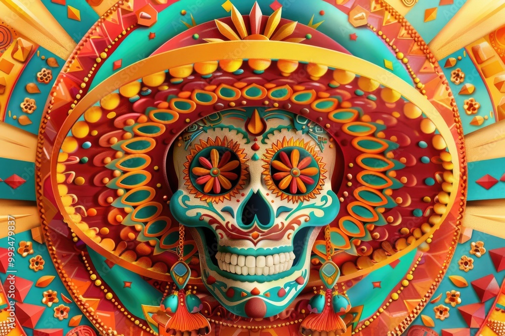 Fototapeta premium A vibrant sugar skull sits on a bright and bold background, perfect for celebrations and festivities