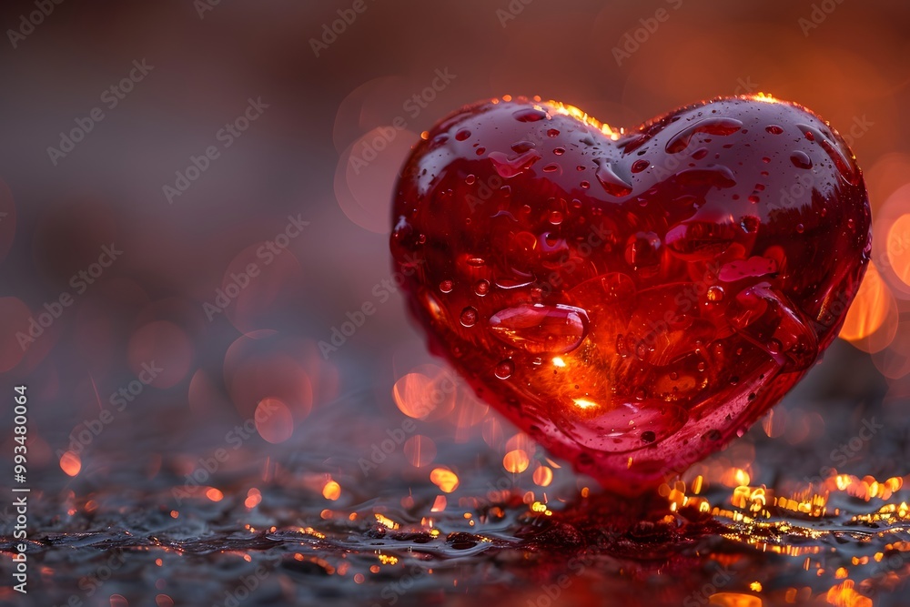 Radiant Red Glass Heart with Water Droplets on Wet Surface - Love Symbol for Valentine's Day Card Design Radiant Red Glass Heart with Water Droplets on Wet Surface - Love Symbol for Valentine's Day Card Design