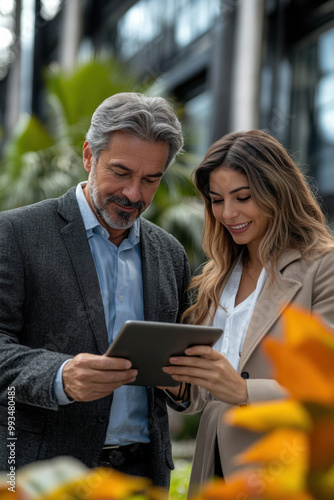 Mature 40s years old man, young adult woman discussing on digital pc tablet computer. Successful middle aged latin hispanic businessman, businesswoman work together on business plan outdoors, vertical