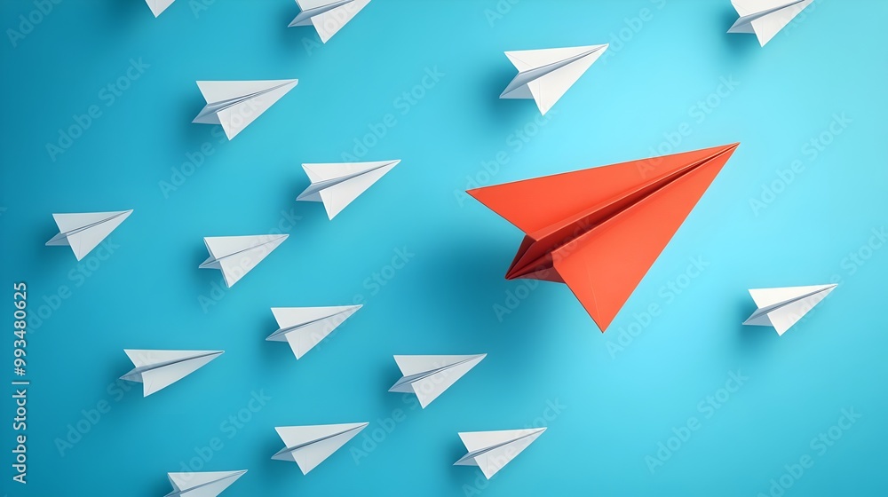 Leadership and business concept, Red paper leader airplane flying on blue sky of business teamwork and one different vision. Leader, New idea, boss, manager, winner concept, trend. Leadership and business concept, Red paper leader airplane flying on blue sky of business teamwork and one different vision. Leader, New idea, boss, manager, winner concept, trend.