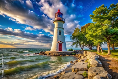 Scenic Views of Marblehead Lighthouse and Lake Erie Shoreline in Marblehead, Ohio, USA photo