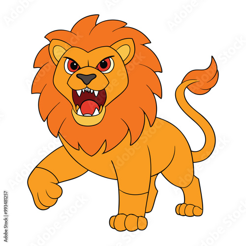 Fierce Roaring Lion with Fiery Eyes, Vector Illustration of a Lion Flexing Its Claws, Flat Color Design photo