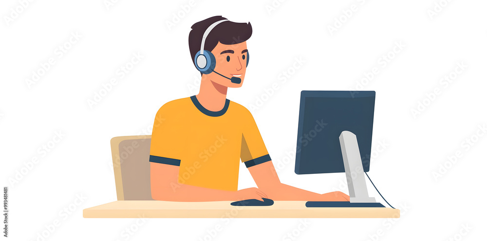 Young man working in customer service wearing a headset flat illustration isolated on background Young man working in customer service wearing a headset flat illustration isolated on background