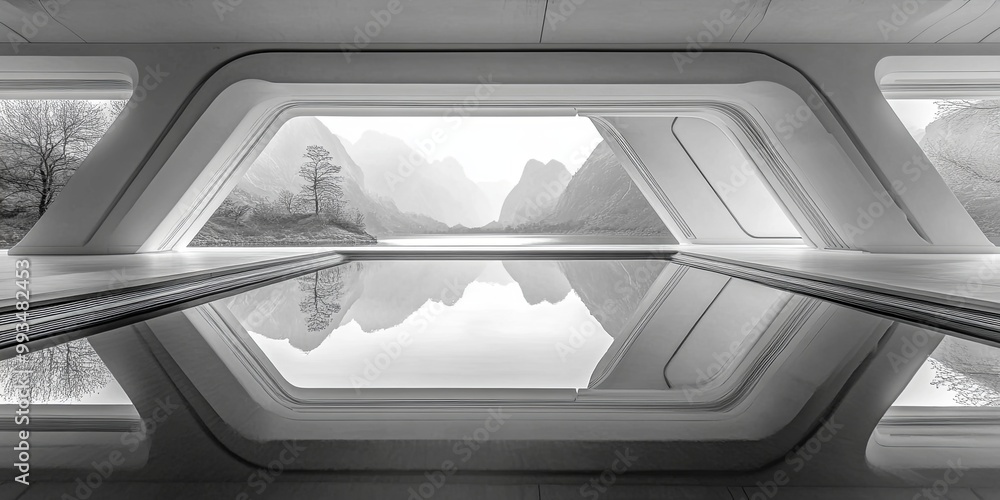A Modern Minimalist Interior with a Reflection Pool and a Window View of Mountains and a Lake A Modern Minimalist Interior with a Reflection Pool and a Window View of Mountains and a Lake