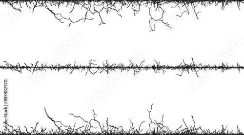 a set of four black and white images of branches, A set of black and white fence lines with different shapes, a border wire with barbed wire, barbed with a line