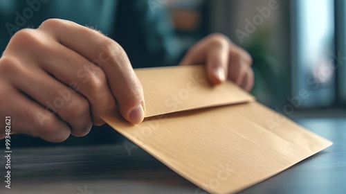 Closeup of Hand Sealing Mail-in Ballot Envelope for Voting from Home photo