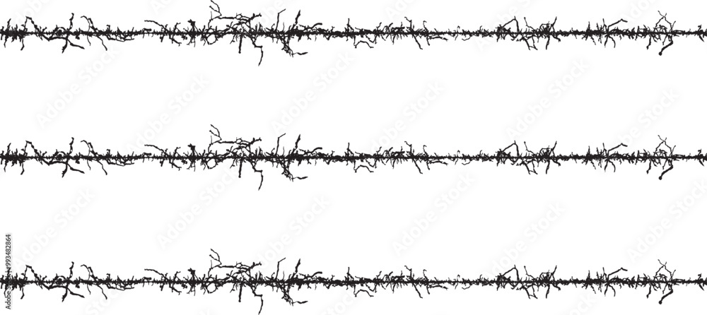 Obraz premium silhouettes of grass, a series of black and white lines with a tree in the middle, A set of black and white fence lines with different shapes, a border wire with barbed wire, barbed with a line