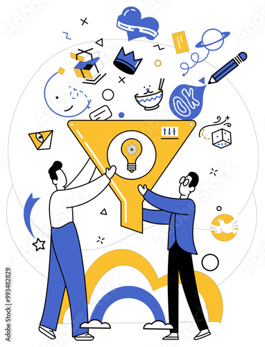 Innovation strategy vector illustration. Development is sweet melody played by orchestra intelligent growth and exploration Aspiration is key unlocking doors to treasure trove innovation strategy