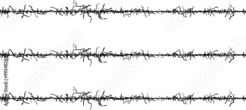 silhouettes of grass, a series of black and white lines with a tree in the middle, A set of black and white fence lines with different shapes, a border wire with barbed wire, barbed with a line