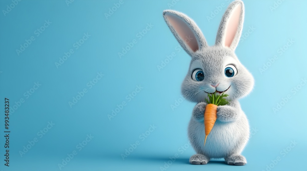 Cute and Adorable Cartoon Bunny Eating Carrot on Blue Background Cute and Adorable Cartoon Bunny Eating Carrot on Blue Background