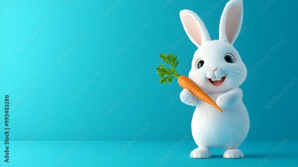 Cheerful Rabbit Holding Carrot on Minimalistic Blue Background Cheerful Rabbit Holding Carrot on Minimalistic Blue Background