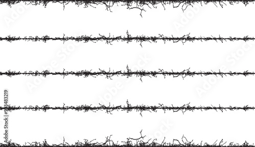 barbed wire fence frame, barbed wire seamless pattern, A set of black and white fence lines with different shapes, a border wire with barbed wire, barbed with a line