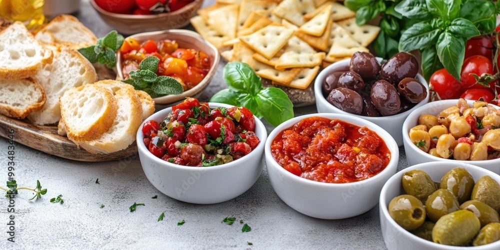 A vibrant spread of assorted dips, olives, crackers, and fresh basil, perfect for appetizers or a festive gathering. A vibrant spread of assorted dips, olives, crackers, and fresh basil, perfect for appetizers or a festive gathering.