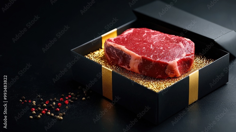 A luxurious presentation of a premium beef cut in a black gift box with golden accents, perfect for gourmet food lovers and culinary enthusiasts. A luxurious presentation of a premium beef cut in a black gift box with golden accents, perfect for gourmet food lovers and culinary enthusiasts.