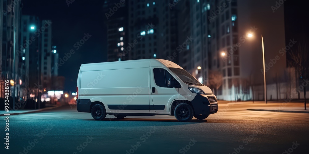 A white delivery van parked in a quiet urban street at night, showcasing modern architecture and city lights. A white delivery van parked in a quiet urban street at night, showcasing modern architecture and city lights.