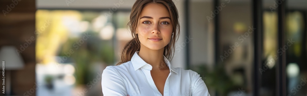 Real estate agent confidently standing in modern, light-filled home Real estate agent confidently standing in modern, light-filled home