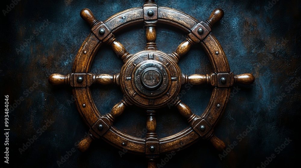 Naklejka premium A weathered, dark-stained wooden ship's helm with eight spokes and a metal hub, resting against a distressed, blue-grey backdrop.