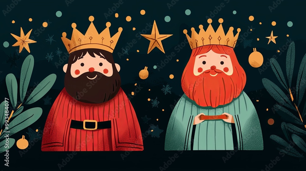 Two kings with crowns and beards stand against a starry night, surrounded by leaves and ornaments, showcasing a whimsical, festive illustration. Two kings with crowns and beards stand against a starry night, surrounded by leaves and ornaments, showcasing a whimsical, festive illustration.