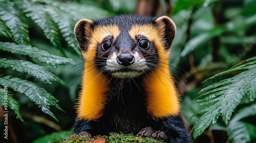 A yellow-throated marten peers curiously from behind a fern, its captivating eyes shining with intelligence photo