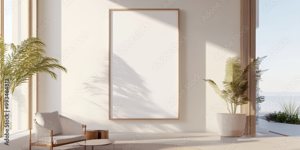 Bright modern interior featuring a blank canvas, plants, and cozy seating, perfect for artwork display or minimalistic design. Bright modern interior featuring a blank canvas, plants, and cozy seating, perfect for artwork display or minimalistic design.