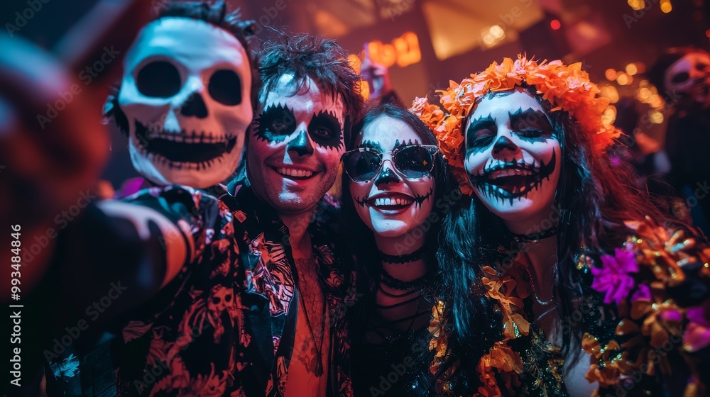 Spooky Selfie Fun: Halloween Partygoers Smiling at Live Concert Spooky Selfie Fun: Halloween Partygoers Smiling at Live Concert