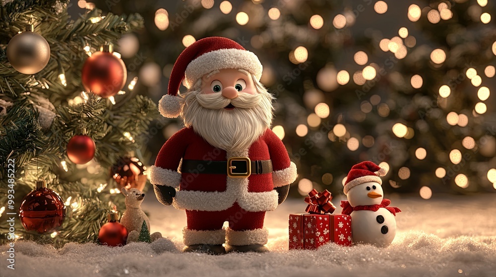A festive scene featuring a Santa Claus figurine beside a snowman and Christmas tree, surrounded by ornaments and warm lights. A festive scene featuring a Santa Claus figurine beside a snowman and Christmas tree, surrounded by ornaments and warm lights.