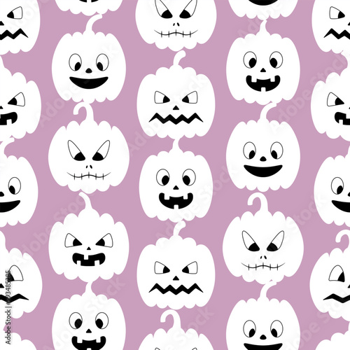 Pumpkin. White Halloween symbols. Ghostly silhouettes of vegetables with different grimaces. Seamless vector pattern. Repeating Halloween ornament on a purple background. Flat style. Jack-o'-lantern. 