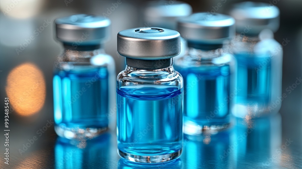 Close-up of small glass vials filled with a vibrant blue liquid, reflecting light on a polished surface. Close-up of small glass vials filled with a vibrant blue liquid, reflecting light on a polished surface.