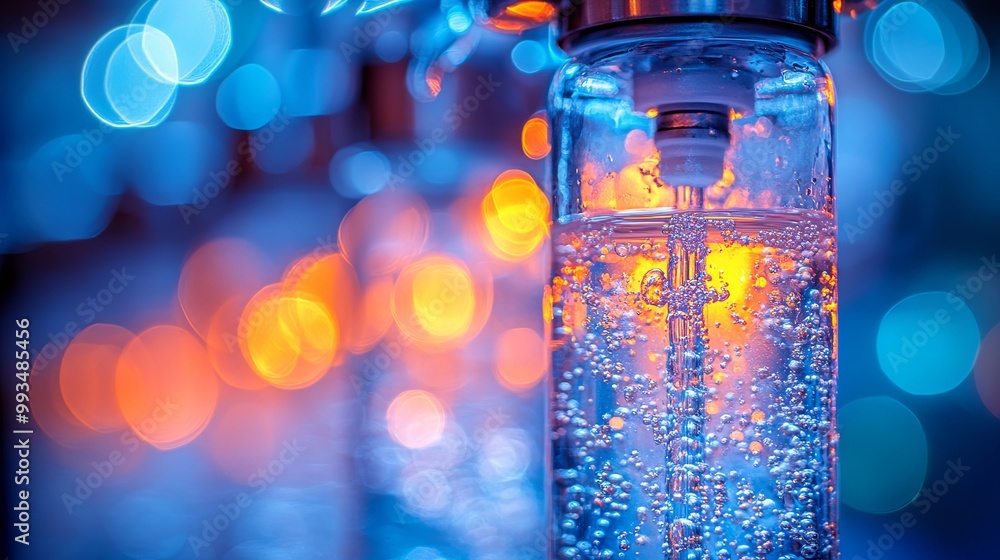 A clear glass cylinder filled with a liquid containing tiny air bubbles against a backdrop of soft blue and orange bokeh. A clear glass cylinder filled with a liquid containing tiny air bubbles against a backdrop of soft blue and orange bokeh.