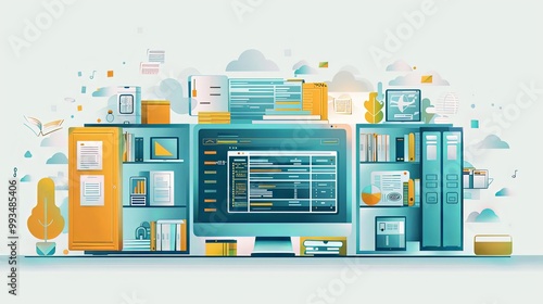 An illustration showing an array of cloud-based info and data management, demonstrating the complexity and organization of digital libraries in a modern context.