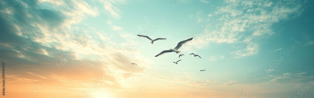 Obraz premium Seagulls Flying Against a Sunset Sky with Fluffy Clouds