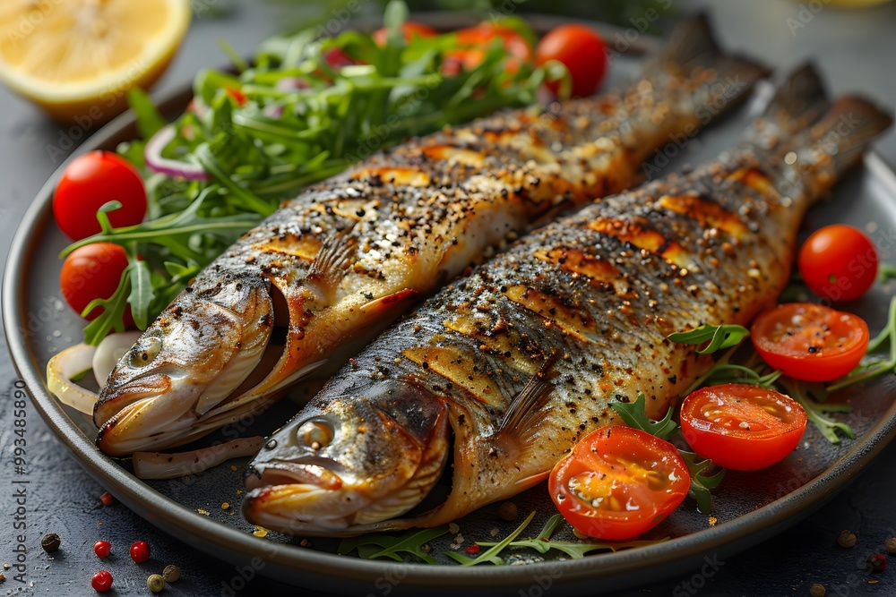Grilled Whole Fish with Fresh Vegetables on a Plate - Healthy Gourmet Meal Concept for Food Photography Grilled Whole Fish with Fresh Vegetables on a Plate - Healthy Gourmet Meal Concept for Food Photography
