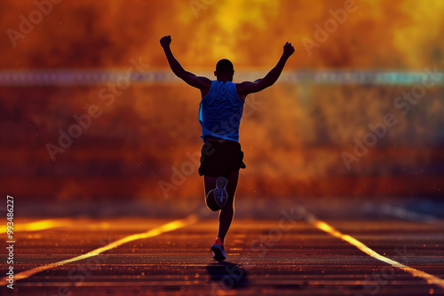 Triumphant runner crossing the finish line with arms raised in victory