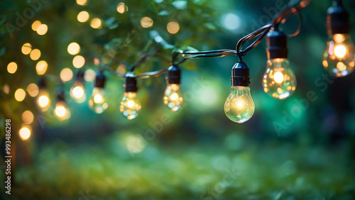 string lights hanging above in a backyard against green bokeh background.