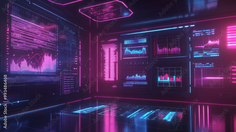 Digital Downturn: Holographic Market Drop and Virtual Business Struggle in Futuristic Dark Interface Digital Downturn: Holographic Market Drop and Virtual Business Struggle in Futuristic Dark Interface